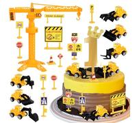 17 Pack Construction Vehicles Cake Toppers Set Acrylic First Cake Picks Road Sign Tower Digger Cupcake Toppers for Construction Theme Baby Shower Kids 1st Birthday Party Cake Decorations Supplies