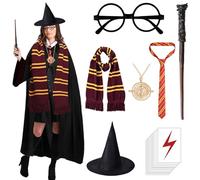 17 Pcs Adults Wizard Costume Accessories Set with Hooded Cape Wizard Hat Scarf Tie Glasses Wand Necklace Tattoo Sticker,Harry Wizard Cosplay Outfit Fancy Dress for Halloween Party World Book Day