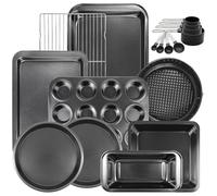 17 PCS Bakeware Set Carbon Steel Non-Stick Baking Pan Set with Sheet, Muffin, Loaf Tin, Square Cake, Deep Pan, Springform, Measuring Cups, Cooling Rack