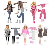 17 Pcs Doll Clothes Compatible with Barbie 11.5 Inch Fashion Pack 5 Set Accessories Retro Brown Coat Houndstooth Skirt Pink Fashionable Suit Evening Gown Set New Dress 5 Shoes 4 Bags 2 Hats 1 Scarf