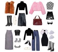 17 Pcs Doll Clothes for 11.5 inch Doll Include Plush Vest Set Leather Plunge Dress Set Fashion Set Plush Short Dress Set Bow Tie Dress Set 4 Accessories 7 Pair of Shoes In Random