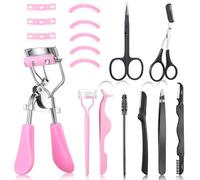 17 Pcs Eyelash Curlers Kit Lash Curler Eyelash Comb Seperator Eyelash Extension Tweezers Eyebrow Brush Scissors False Eyelashes Applicator Eyebrow Trimmer Silicone Refills Pads for Women (Pink)