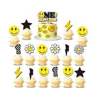 17 PCS One Happy Dude Birthday Party Decorations Smiley Face Daisy Flower Cupcake Toppers, Groovy Cake Topper, Cool Dude Theme Supplies for 1st Birthday Boys & Girls, Baby Shower, Photo Booth Props