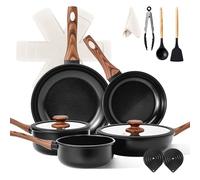 17-Piece Aluminum Cookware Set, Black Non-Stick Pots and Pans Set with Assembled Handles - 5 Pots & 2 Lids, Compatible with Induction, Gas, Electric Stoves, Perfect for Home Kitchen Use