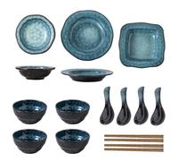 17-Piece Ceramic Dinner Set for 4,Blue Dinnerware Sets,Plates and Bowls Set+Spoon and Chopsticks,Oven & Dishwasher & Microwave Safe,Dinner Sets for 4 People(Blue)