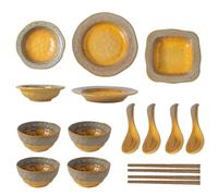 17-Piece Ceramic Dinner Set for 4,Yellow Dinnerware Sets,Plates and Bowls Set+Spoon and Chopsticks,Oven & Dishwasher & Microwave Safe,Dinner Sets for 4 People(Yellow)