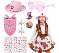 17-Piece Cowboy Costume for Children, West Cowboy Costume Accessory Set with Western Hat, Paisley Bandana, Sheriff Badge, Heart Sunglasses, Cowboy Patches, Tattoos for Boys and Girls, Halloween