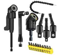 17-Piece Flexible Drill Bit Extension Set with 3 rotatable Socket adapters, 2 hex Shank 105° Right Angle Drill attachments, 10 Short Screwdriver bits, and a 90° Angled bit with a Flexible Extension