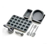 17-Piece Gray Silicone Baking Set With Round Square Rectangular And 24-Hole Trays Plus T Shovel Oil Brush Scraper Measuring Cups And Spoons(17 set)