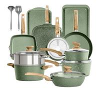 17 Piece Pots and Pans Set Non Stick, Nonstick Induction Granite Kitchen Cookware Sets, Induction Cookware Frying Pans, Nonstick Granite Cooking Set, Pan Sets for Cooking, Green