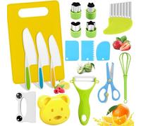 17 Pieces Cooking Set with Cutting Board and Crinkle Cutter Y-Peeler, Safe Kitchen Tools, Plastic Fruit Vegetable Cutters, Mini Chef Plastic Chopping Blade for Parent-Child Activities, Birthday Party