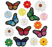 17 Pieces Flowers Butterfly Iron on Patches Decorative Embroidered Patches Applique Set Cute Sew On Applique Patches for Jeans Clothing Hats Bags Arts Crafts