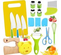 17 Pieces Kids Cooking Set with Cutting Board & Crinkle Cutter Y-Peeler, Toddler Safe Kitchen Tools, Wooden Fruit Vegetable Cutters, Mini Chef Plastic Chopping Blade for 2-10+ Year Old Boys Girls Gift