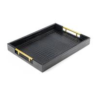17" x 12" Wood Serving Tray with Gold Polished Metal Handles, Home Decorative Wooden Rectangle Ottoman Leather Decor Platter Bathroom Vanity Tray for All Occasions Alligator Black