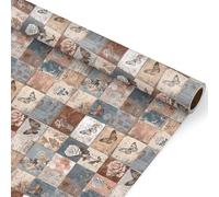 17" X 17 ft Retro Brown Beige Blue Square Rose Floral Butterfly Wrapping Paper Gift Wrap Roll for Wedding, Mother's Day, Baby Shower, Women Girls Gifts, Birthdays, Bridal Shower and Engagement