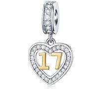17 Years Old Birthday Charms fit Pandora Snake Chain, 18K Golden Number 17 Dangle, Silver Plated 17th Anniversary Heart Necklace Pendant with CZ, Gifts for Goddaughter/Son