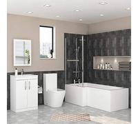 1700 x 850mm Left Hand L Shaped Shower Bath with Screen, Front Panel, Close Coupled Toilet and Vanity Cabinet Unit with Basin