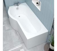 1700 x 850mm P Shape Shower Bath with Front Panel, Gloss White Soaking Shower Bath, Acrylic Baths for Bathrooms, Left Hand Round, Adjustable Leg Set - Elva