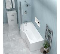 1700 x 850mm P Shape Shower Bath with Glass Shower Screen + Towel Rail & Bath Front & End Panel, Gloss White Soaking Acrylic Baths for Bathrooms, Left Hand Round, Adjustable Leg Set