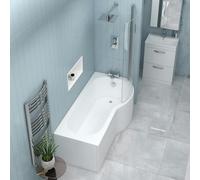 1700 x 850mm P Shape Shower Bath with Glass Shower Screen + Towel Rail & Bath Front Panel, Gloss White Soaking Shower Bath, Acrylic Baths for Bathrooms, Right Hand Round, Adjustable Leg Set - Elva