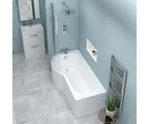1700 x 850mm P Shape Shower Bath with Glass Shower Screen + Towel Rail & Bath Front Panel, Gloss White Soaking Shower Bath, Acrylic Baths for Bathrooms, Left Hand Round, Adjustable Leg Set - Elva