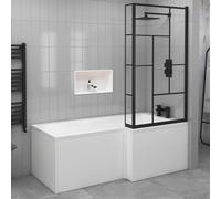 1700 x 850mm Right Hand L-Shaped Shower Bath Square Bathtub with Side & End Panel + Matt Black Abstract Grid Screen & Fixed Return Panel