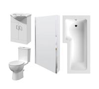 1700mm Bathroom Suite - L Shape Shower Bath, Front Panel, Shower Bath Screen, Vanity Basin Unit and Toilet and Seat, Gloss White