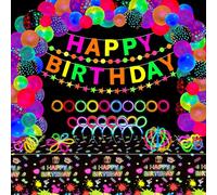 173 Pack Glow Neon Party Supplies Glow Sticks Party Decorations Black Light Reactive Decor Set - Fluorescent Banner, Neon Garlands, Glow in The Dark Balloons, Graffiti Tablecloth, Light Up Sticks