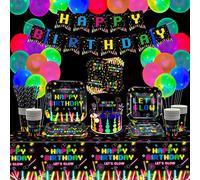 173 PCS Glow Neon Party Supplies Neon Glow Tableware Set Neon Balloon Glow in the Dark Birthday Banner Hanging Swirl Cake Toppers for Blacklight Party Decoration Serves 20 (Glow Set A)…