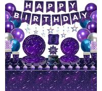 173 PCS Space Galaxy Party Decoration Star Party Supplies Purple Outer Space Theme Supplies Galaxy Tableware Set Paper Plates Napkins Happy Birthday Banner Favors for 20 Guests