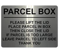 1740 PARCEL BOX PLEASE LIFT THE LID Left Door Gate Metal Aluminium Plaque Sign (5x7 inches, Brushed Silver)
