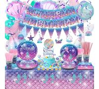 174PCS Mermaid Birthday Decorations Mermaid Birthday Banner, Mermaid Balloons, Tableware, Tablecloth, Cake Topper, Hang Swirl, Mermaid Tattoo Stickers for Girls Kids Little Mermaid Party Supplies