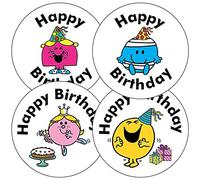 175 Mixed Mr Men & Little Miss Happy Birthday Childrens Pupils Motivational Reward Stickers 37mm Primary Teaching Services