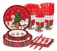 175 Pieces Large Christmas Paper Plates and Napkins Serving 25 Count, Red Disposable Dinnerware Set, Christmas Party Supplies, Holiday Party Plates in Total