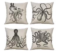 1758studio 4 Pack Octopus Decor Throw Pillow Cover Standard 18" x 18" Ocean Theme Pillow Covers Cushion Cover Pillow Shell Bed Pillow Case