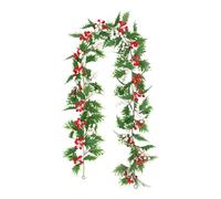 175cm Christmas Garland With Holly & Red Berries, Artificial Green Leaf Vine For Christmas Tree, Wreath Making & DIY Wedding Home Decor