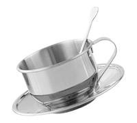 175ml Stainless Steel Coffee Cup and Saucer Set with Spoon for Tea | Silver European Style, Flat Base and Handle, Sturdy Construction, Suitable for Hot Beverages, Milk and Sugar Cubes