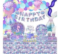 175Pcs Mermaid Birthday Decorations - Balloons, Party Plates, Banner, Cups, Scale Tablecloth, Cake Toppers for Girl Kids Little Ocean Party Supplies