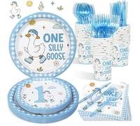 175pcs One Silly Goose Birthday Decor Boy Plates Set, Blue Silly Goose Plates Napkins Cups Cutlery Tableware for Boy First Birthday Decorations, 25 Guests