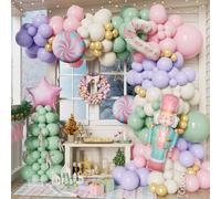 176Pcs Christmas Balloon Garland Arch Kit, Pastel Pink Purple Green Latex Balloons with Nutcracker Soldier Candy Cane Foil Balloons for Christmas New Year Winter Holiday Birthday Party Decorations