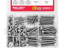 176PCS Heavy Duty Bolts and Nuts Assortment Kit, 304 Stainless Steel, Includes 9 Most Common Sizes (1/4-20, 5/16-18, 3/8-16)