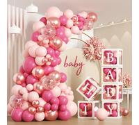 176pcs Pink Baby Shower Decorations Boxes, 6 Transparent Balloon Boxes with 110 Rose Pink Balloons, Balloon Cubes with 54 Letters for Welcome Baby Shower Girl Decorations, Birthday Party, Wedding