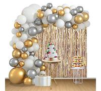 179pcs Balloon Arch Kit, Latex Balloon Garland Kit White Grey Metallic Gold Balloon, Balloon Strip, 1x2.5m Foil Curtain & Balloon Ribbon for Birthday, Baby Shower, Engagement, Wedding Party