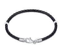 17cm Black Braided Leather Bracelet with 925 Sterling Silver Lobster Clasp-Fit Pandora Charm/Beads/Pendant, Gift for Men/Women/Grandson Rubber Stopper Included