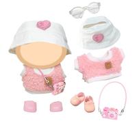 17cm Doll Clothes Cute Casual Doll Clothes Accessories Set with 1 Pink Smiley Knit Short Sleeve 1 Sun Hat 1 Camera Charm 1 Glasses 1 Shoes for Kids Birthday Gift, No Doll