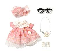 17cm Doll Clothes Set - 5-Piece Luxury Designer Outfit with Bow, Glasses, Camera Bag & Shoes | Fashionable Dress-Up Accessories for Dolls Pink