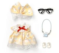 17cm Doll Clothes Set - 5-Piece Luxury Designer Outfit with Bow, Glasses, Camera Bag & Shoes | Fashionable Dress-Up Accessories for Dolls Yellow
