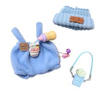 17cm Mini Plush Monster Doll Clothes, 1 Suspender with Milk Bottle Clip + Popcorn Pendant + Plush Hat, Clothes for Dolls, Sweet Doll Outfit, Kids Collection Gift (Blue)