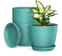 17cm Plant Pots Indoor, 5 Pack Plastic Planters with Drainage Holes and Saucer, Decorative Stripe Grooves Flower Pots for Indoor Outdoor Houseplants(Dark Green)