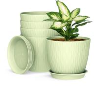 17cm Plant Pots Indoor, 5 Pack Plastic Planters with Drainage Holes and Saucer, Decorative Stripe Grooves Flower Pots for Indoor Outdoor Houseplants（Light Green）
